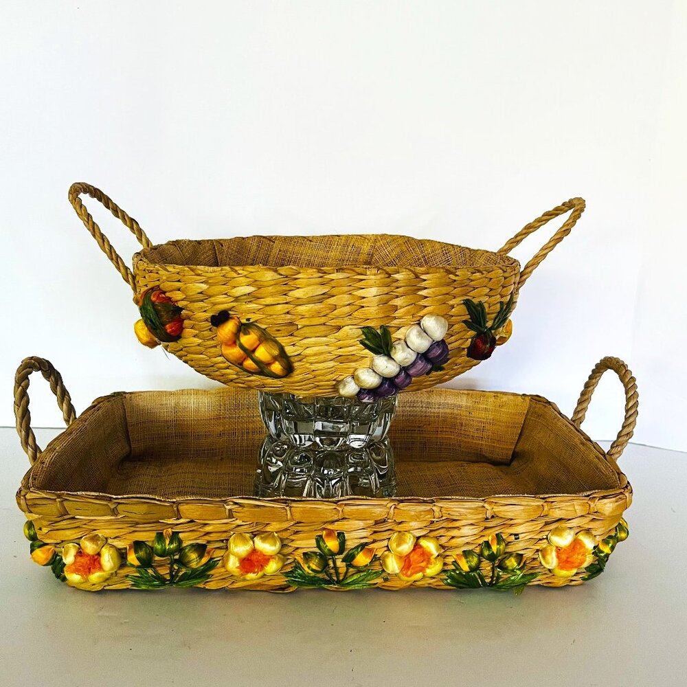 2 Vtg Raffia Baskets Handles Burlap Lined Fruit Flower Design